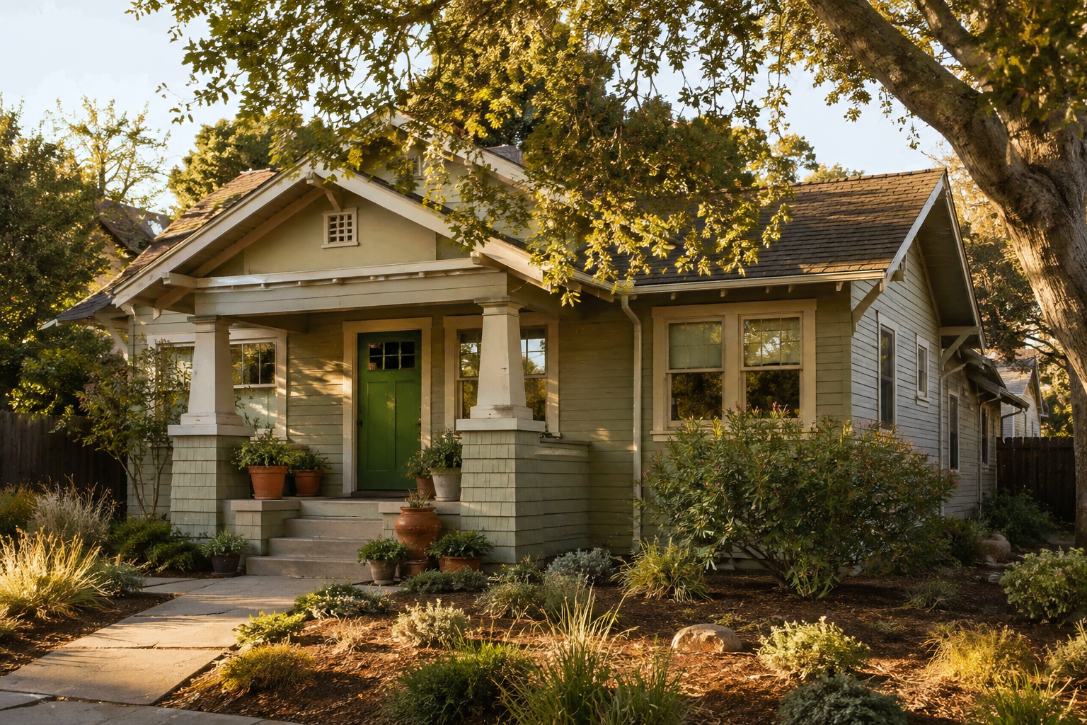 Illustrative California craftsman home beneath a tree in afternoon sunlight