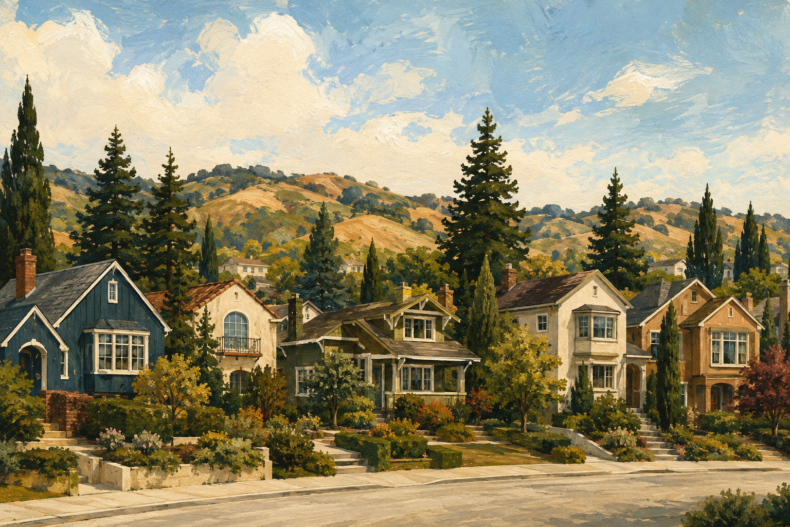 Illustrative painting of a Bay Area neighborhood